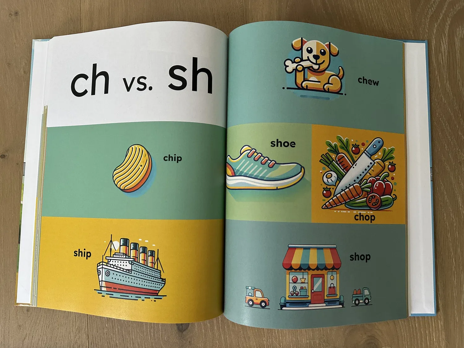 Open Alphabet Sounds book showing illustrated examples for the ch and sh sounds