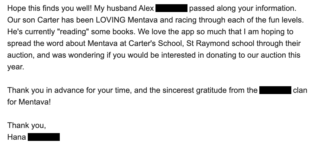 Screenshot of a parent’s message about Mentava