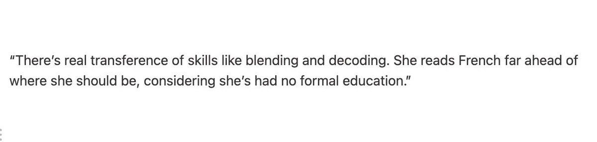 A parent reports that blending and decoding skills transferred to reading French.